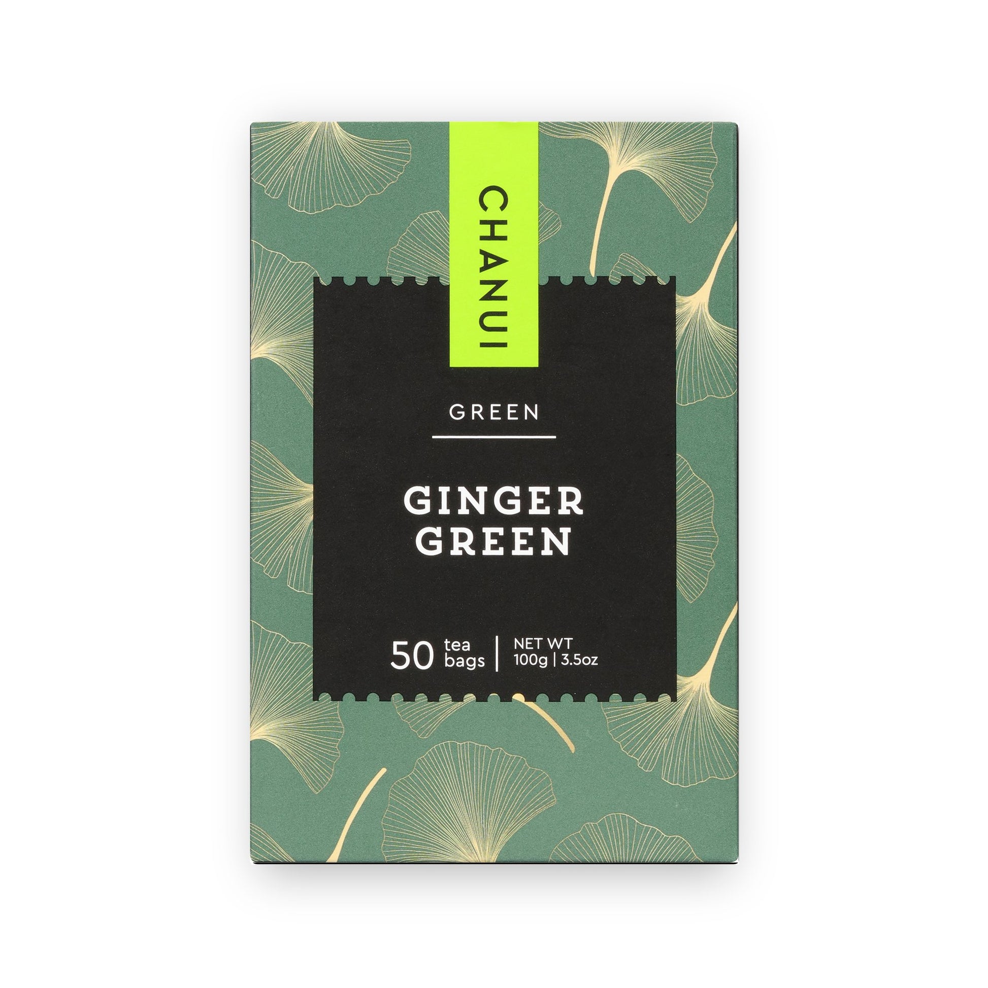 Green and Black box of Chanui Ginger Green 50 Teabags