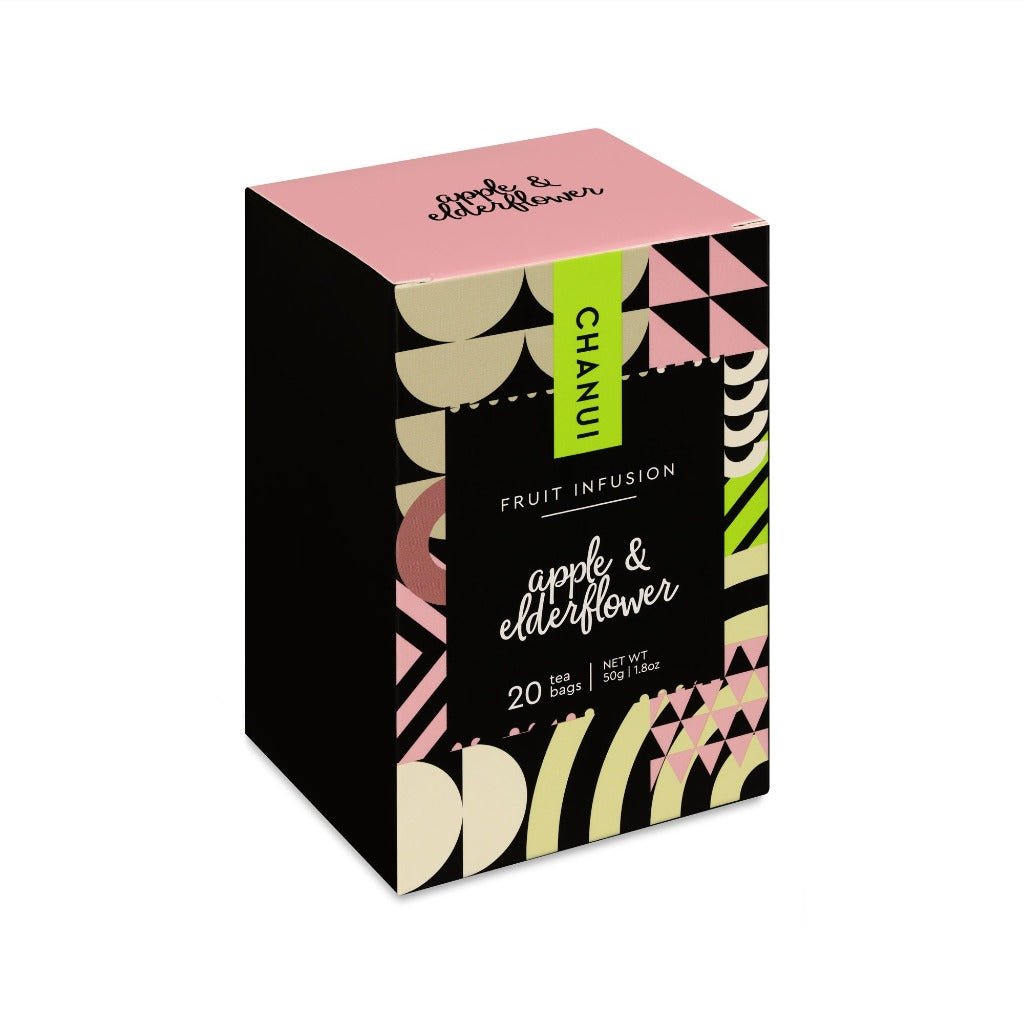 Pink and Black box of Chanui Fruit Infusion Apple & Elderflower 20 Teabags