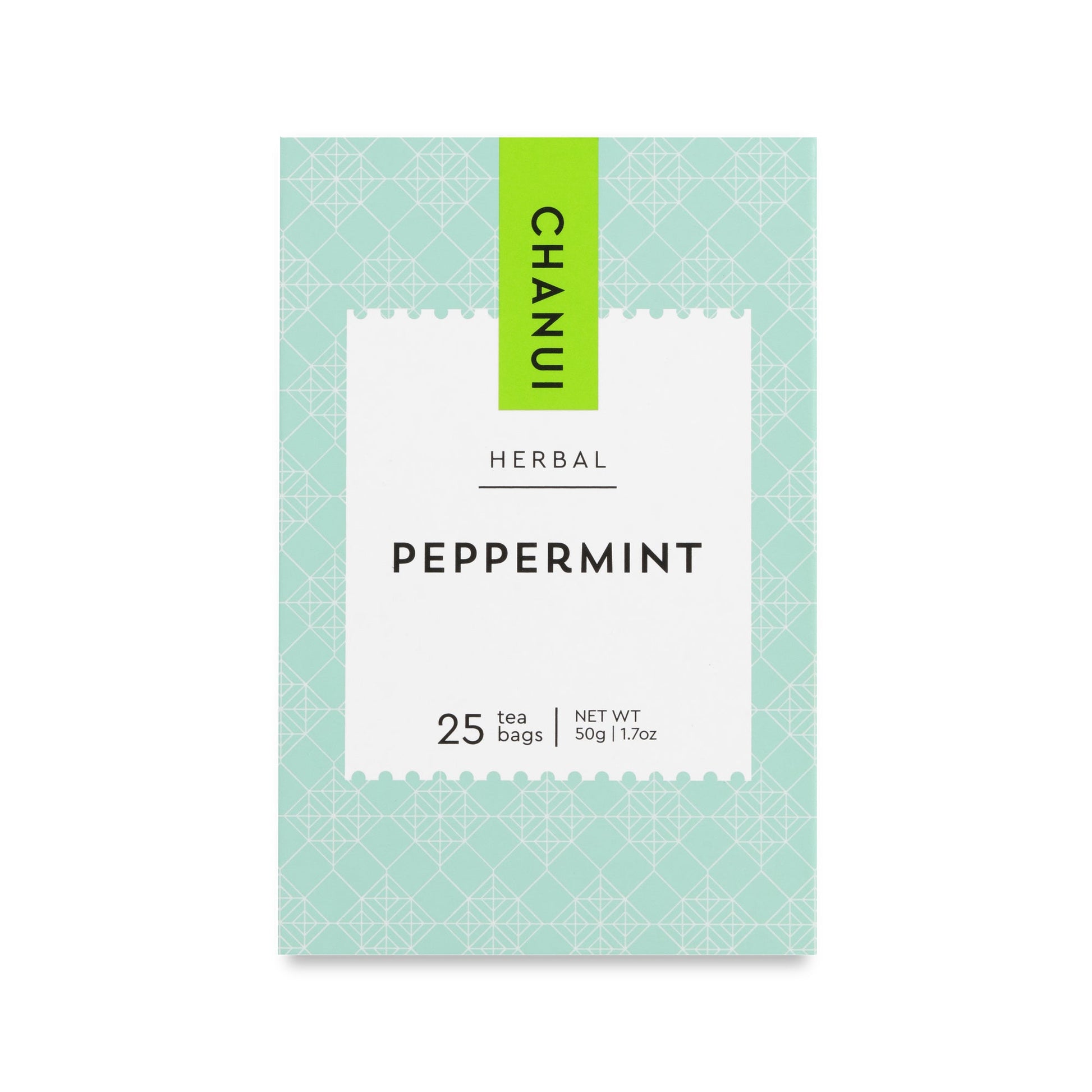 Light Blue and Black box of Chanui Peppermint 25 Teabags