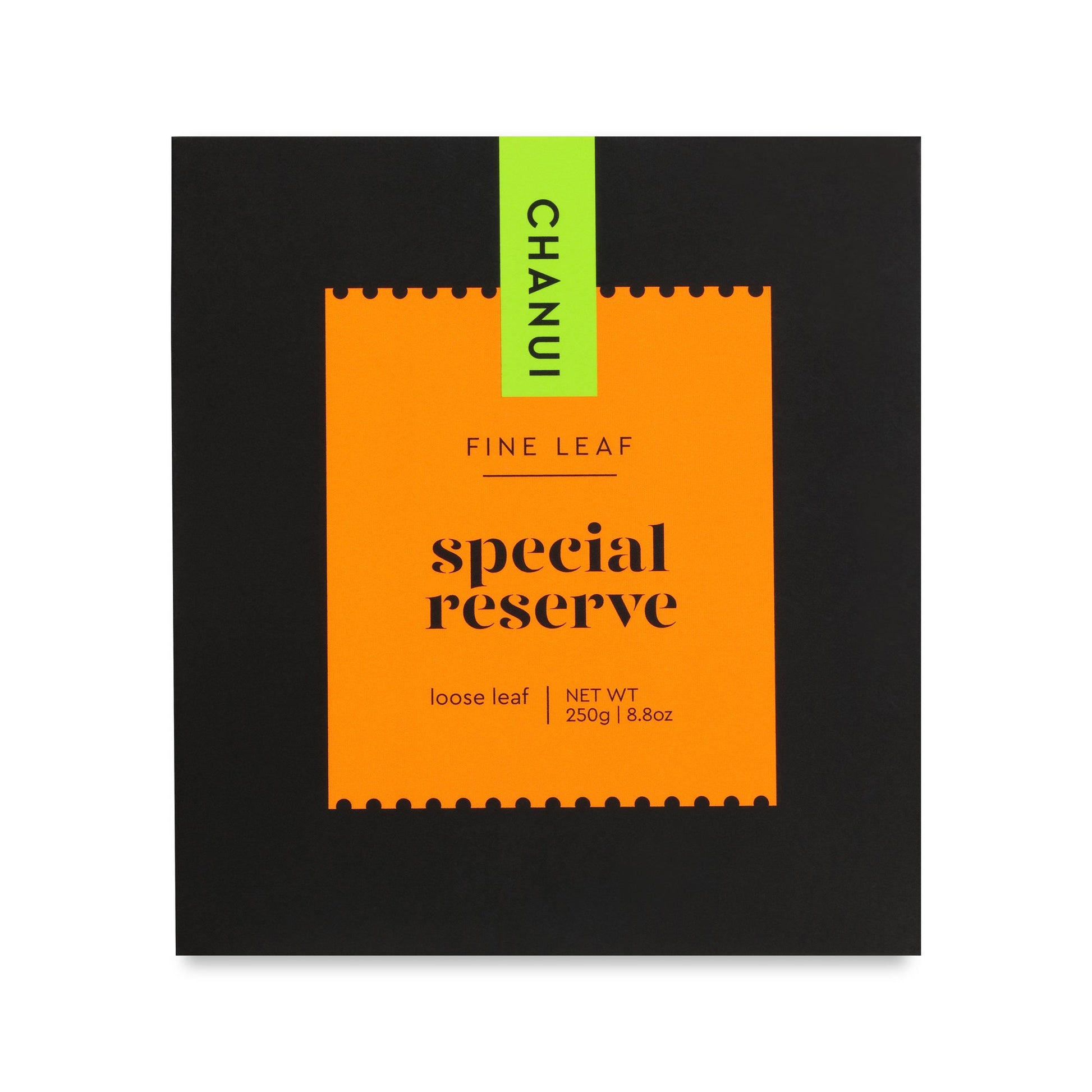 Orange and Black box of Chanui Special Reserve Fine Leaf Tea 250g